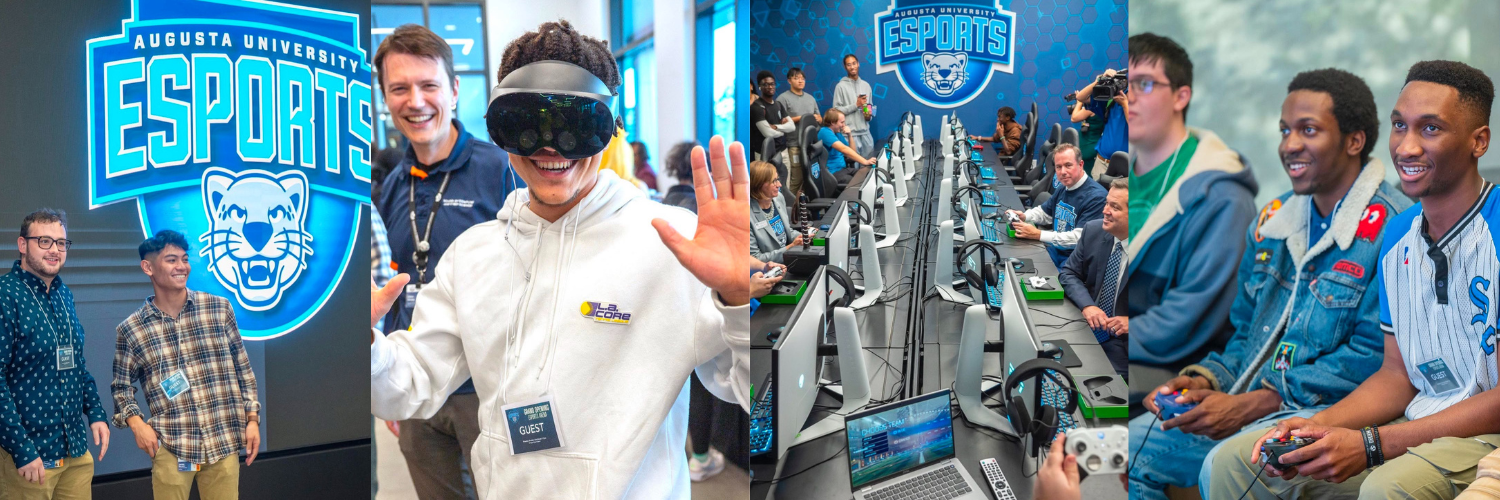 Collage of students and faculty participating in esports indoors at the Georgia Cyber Center