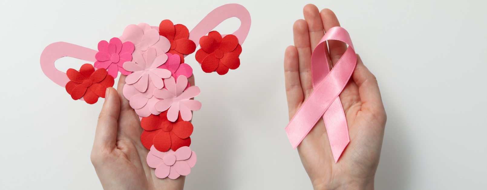 model of a uterus covered in flowers and a cervical cancer ribbon held by a woman's hands