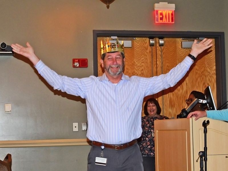 Edward Townsend wearing a crown at the IT Town Hall