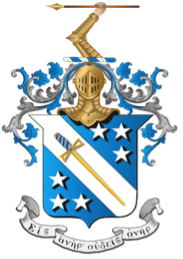 Blue and white shield with gold sword through middle